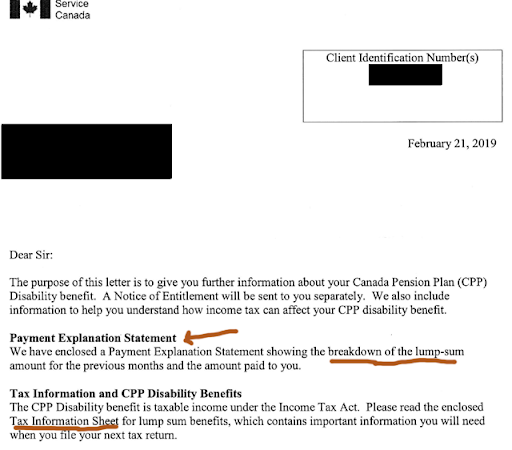letter from Service Canada with red arrow pointing to "Payment Explanation Statement"