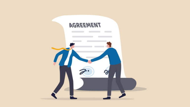 Two people shaking hands in a contingency fee agreement.